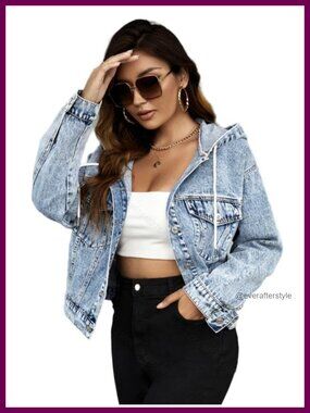 Cropped Hooded Denim Jacket with Zipper Closure - Polyester, Medium Weight,